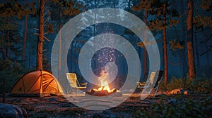 a crackling bonfire, its flames dancing amidst the surrounding forest, with chairs and a camping tent nearby.