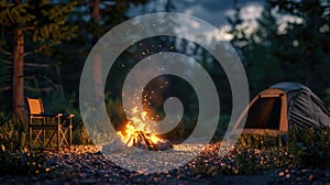 a crackling bonfire, its flames dancing amidst the surrounding forest, with chairs and a camping tent nearby.