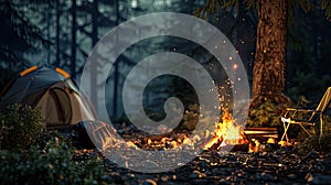 a crackling bonfire, its flames dancing amidst the surrounding forest, with chairs and a camping tent nearby.