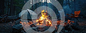 a crackling bonfire, its flames dancing amidst the surrounding forest, with chairs and a camping tent nearby.