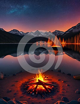 Crackling campfire casts a warm glow near a tranquil puddle reflecting the majestic snow capped mountains.