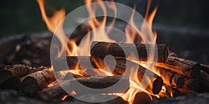 Crackling campfire logs burning in fire pit.