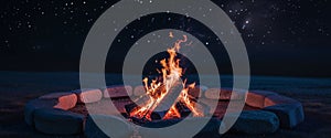 Crackling Campfire in Stone Ring at Night