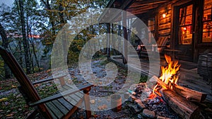 A crackling fire by the cabins patio providing the perfect ambiance for a peaceful nights rest. 2d flat cartoon