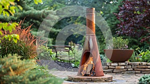 The crackling fire contained within the tall and slender chiminea creates a cozy gathering place for family and friends