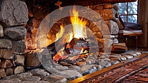 A crackling fire dances in the rustic fireplace bringing a sense of charm and relaxation to the countrystyle living room