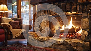 The crackling fire in the fireplace offers a welcome respite from the chilly evening air beckoning guests to gather photo