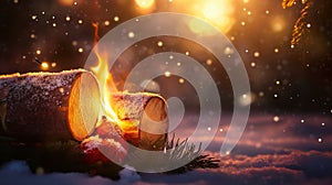 A crackling fire log, warming a chilly winter night