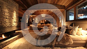 With a crackling fire and soft ambient lighting this alpine lodge is the epitome of luxurious sleep. 2d flat cartoon photo
