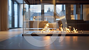 The crackling flames of a sleek fireplace dancing behind a transparent glass enclosure. 2d flat cartoon