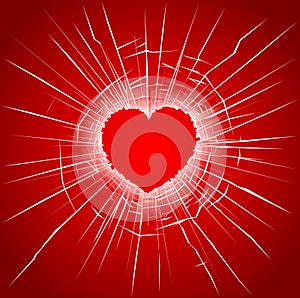 cracks on broken glass on red heart pattern background, vector illustration