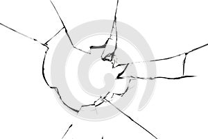 Cracks of broken glass, texture isolated on white background. Broken window concept for design.