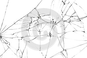 Cracks on the broken protective glass of the smartphone. Texture on a white background.