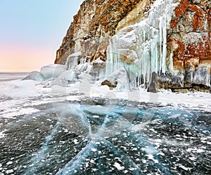 Cracks on clear ice near Baikal cape