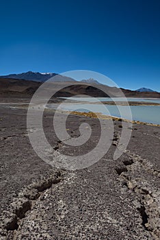 Cracks in the dry desert sand leading the eye to the green Laguna Honda