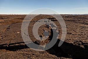 Cracks on a dry earth on a calm deserted spring landscape of Iceland
