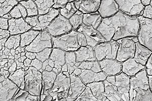 Cracks on the floor make ravines in the ground. Black and white close-up shot of dried mud in the desert. Full frame of cracked.