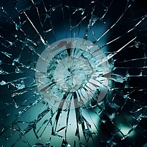 cracks on the glass impact on the glass, abstract background broken window damage. bullet hole in glass, authentic gunshot