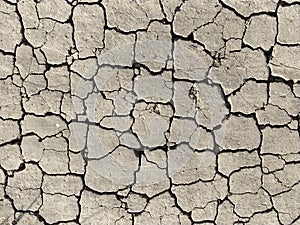 Cracks in the ground. Aridity. Gray soil. Desert. Close up of cracked mud. Texture
