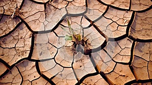 Cracks of Life: A Close-Up of a Young Plant Amidst Dry Earth