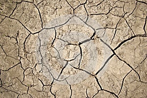 The cracks on the parched earth at the bottom of the dried-up lake