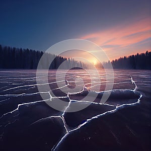 Cracks on the surface of the blue ice. Frozen lake in winter landscape. Sunset over the hills of pines. Image generated by AI
