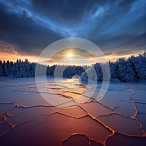 Cracks on the surface of the blue ice. Frozen lake in winter landscape. Sunset over the hills of pines. Image generated by AI