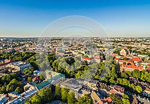 Cracow - the landscape of the old town from the bird`s eye view. View towards the Market Square.