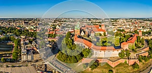 Cracow - panorama of the city from the air. Cracow`s landscape with the royal castle and the Wawel Cathedral.