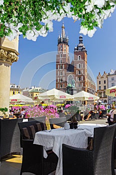 Cracow, Poland- cafe in Cloth Hall overlooking Saint Mary s church