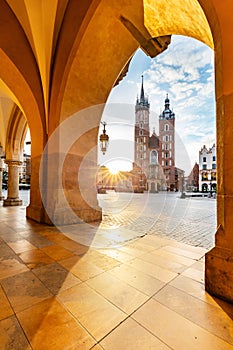 Cracow, Poland old town and St. Mary\'s Basilica seen from Cloth hall at sunrise