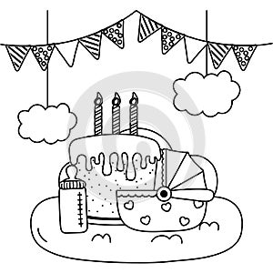 Cradle with birthday cake in black and white