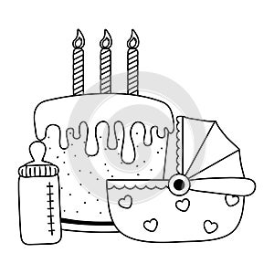 Cradle with birthday cake in black and white