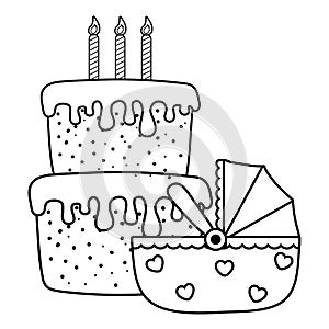 Cradle with birthday cake in black and white