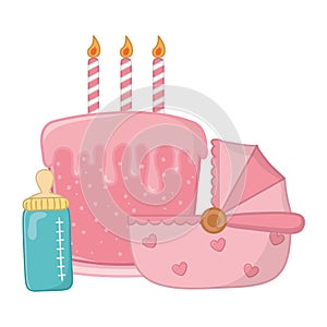 Cradle with birthday cake vector illustration