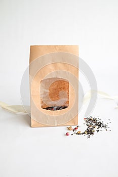 Craft bags for packaging tea, coffee, sweets. Top view. Place for text and logo. Nateral background. The concept of