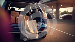 Craft bags with purchases on the background of an open car trunk. Al generated