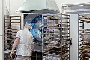 Craft bakery manufacturing. Baker puts bread into oven for baking