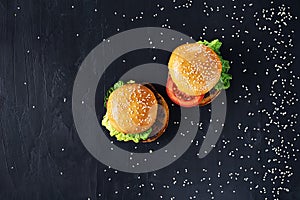 Craft beef burgers. Top view.