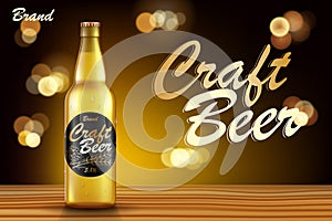 Craft beer ads design. Realistic malt bottle beer on wooden table with retro golden background. Vector 3d illustration