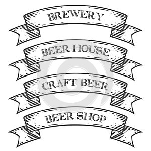 Craft beer brewery shop market emblem ribbon. Monochrome medieval set vintage