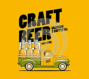 Craft beer brewing and delivery illustration with retro side view pickup truck with bottles of beer in the back. Beer poster
