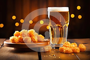 Craft Beer Delight on Wood: A tantalizing image featuring a beer glass and appetizing snack against a rustic wooden