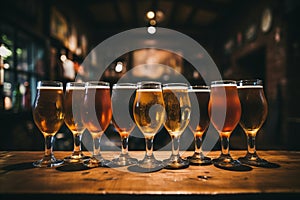 Craft beer fans at pub friends at bar table closeup of beer glasses food and drink concept