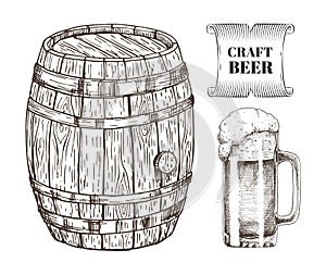 Craft Beer Glass and Barrel Vector Illustration