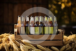 Craft beer glass bottles in wooden box. Generative AI