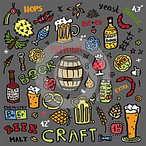 Craft beer hand drawn elements set.