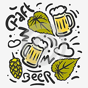 Craft Beer Hand Drawn Vector Design With Mugs Of Beer Hops Leaves Illustrations