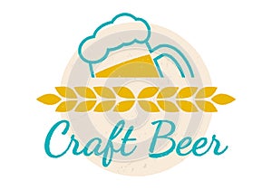 Craft beer icon, label or logo. Vintage brewery banner design with grunge, rough texture. Alcohol drink emblem with beer mug.
