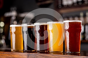 Craft beer and industry. Lager, ale and light, dark, unfiltered beer in glasses on wooden bar counter